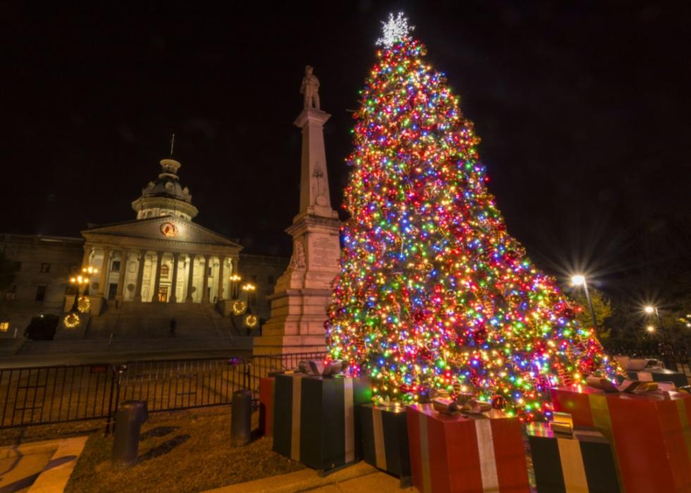 A beautiful Christmas tree in front of the state house.