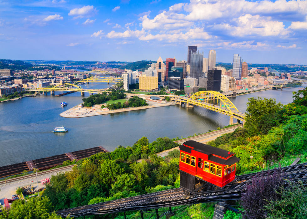 Funicular, buildings, and bridges in Pittsburgh, Pennsylvania.