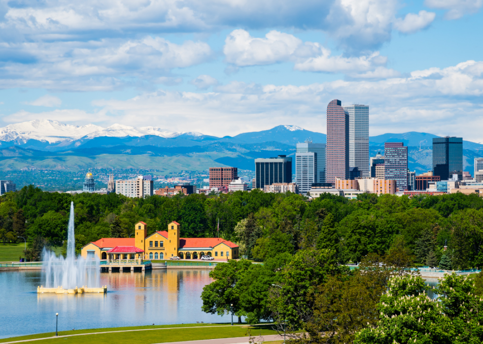 City Park Boathouse and Rocky Mountains in Denver, Colorado.