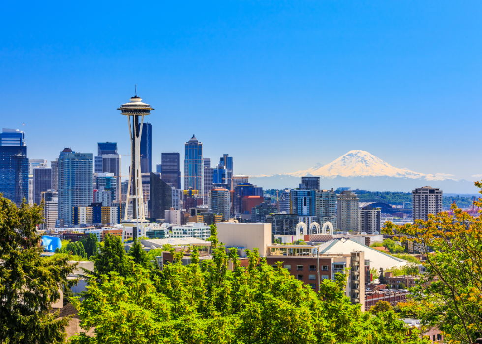 Space Needle and buildings in downtown Seattle, Washington, with Mt. Rainier in the background.