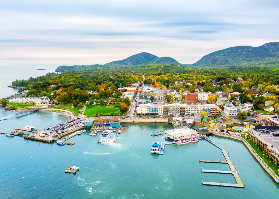 Boats and buildings on the coast of Bar Harbor, Maine.