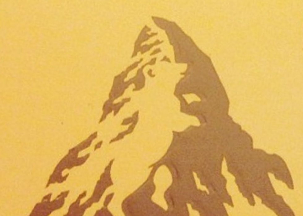 Close-up of a mountain containing a bear drawing from Toblerone candy package.