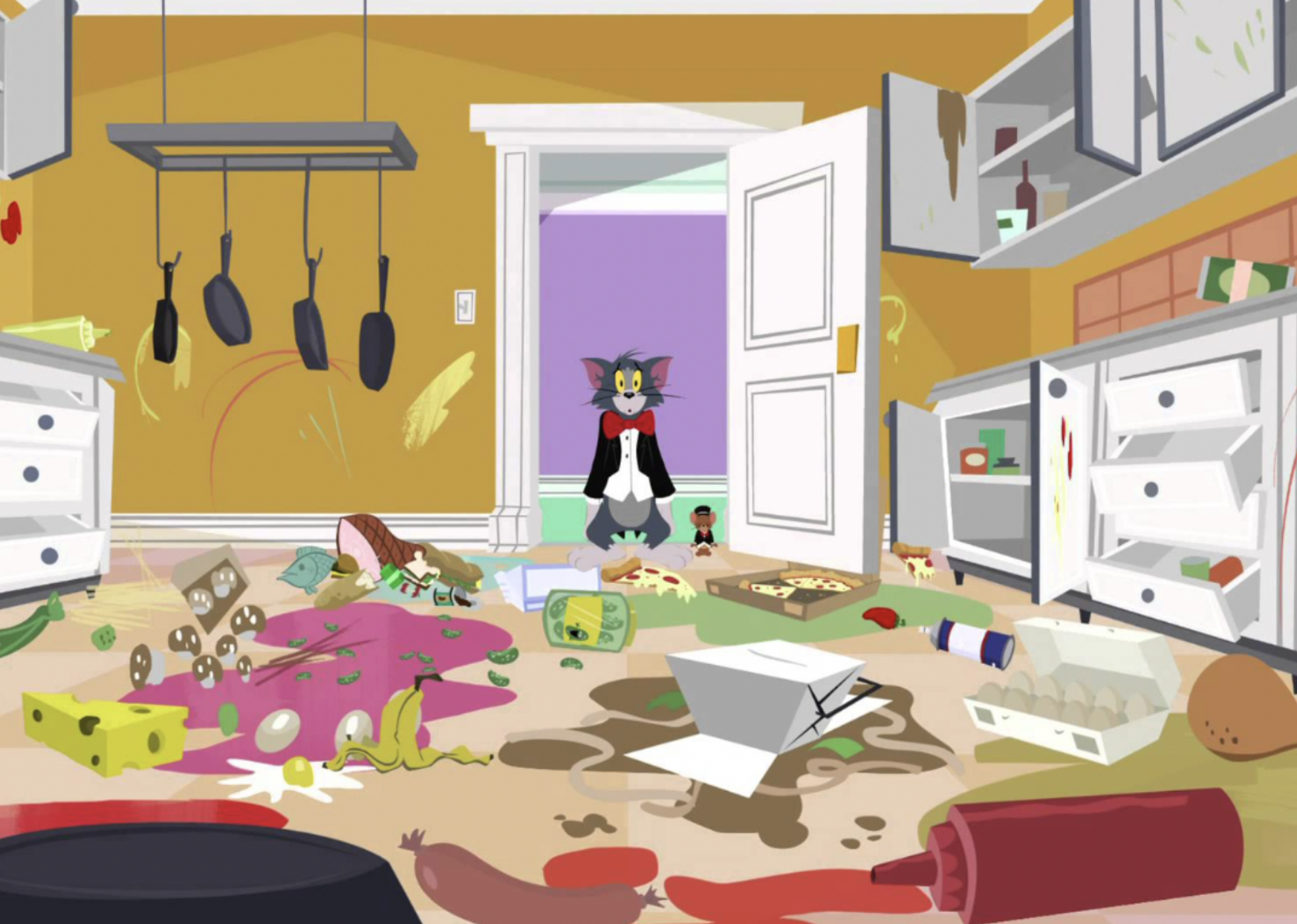 Tom and Jerry staring at an extremely messy kitchen in The Tom and Jerry Show