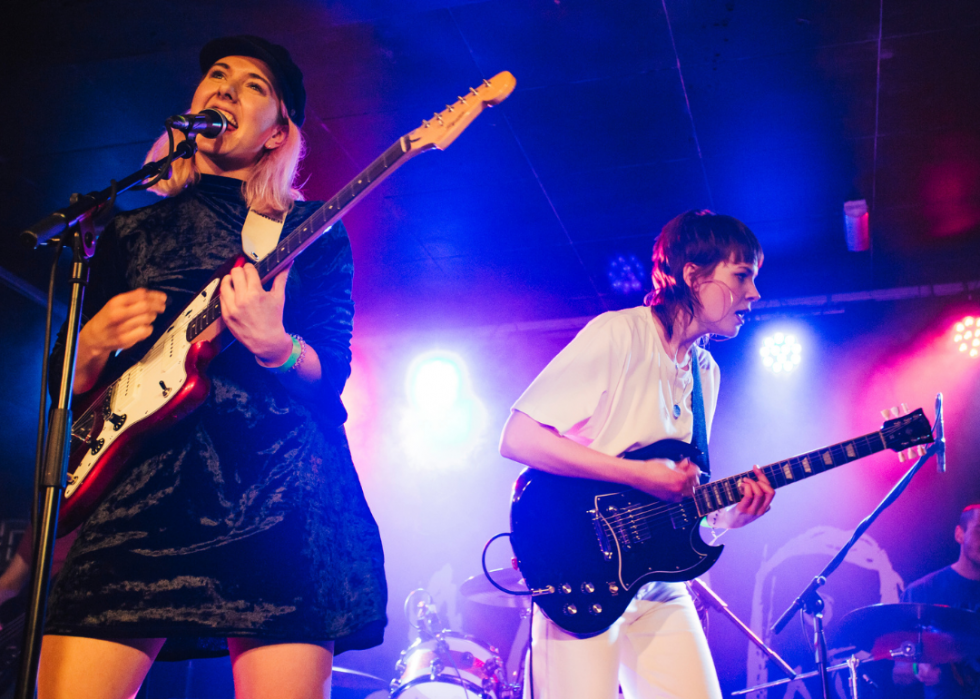 Two guitarists sing on stage.