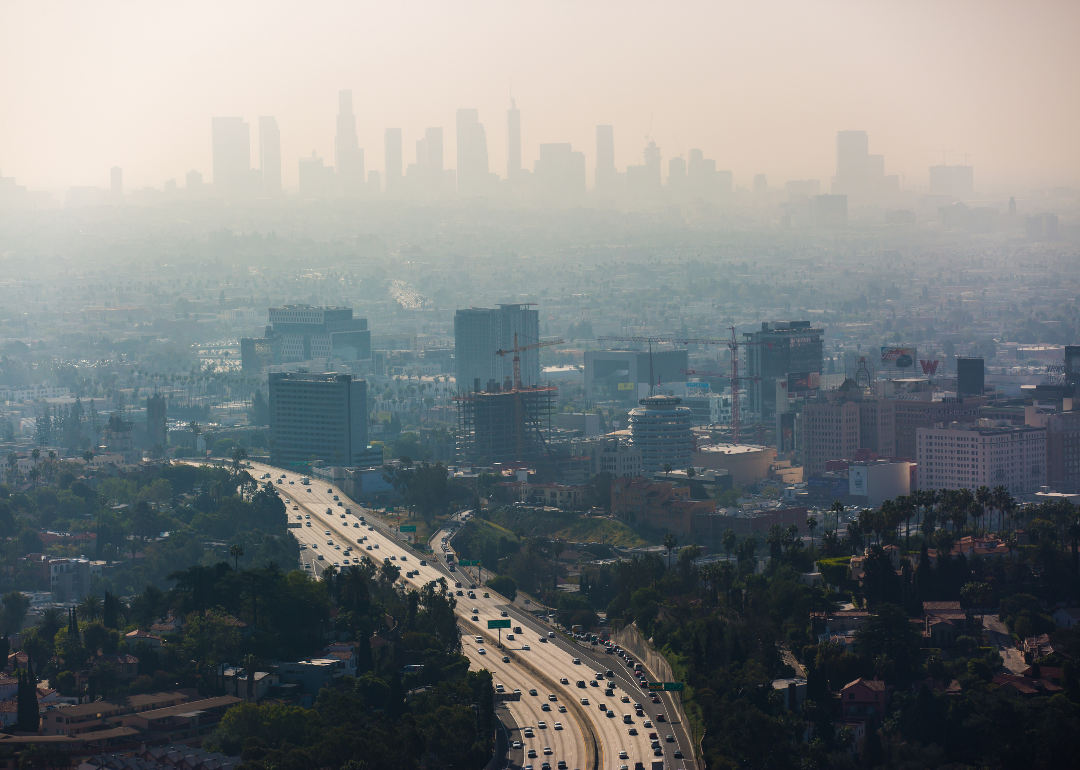 A smog-filled view of downtown Los Angeles.