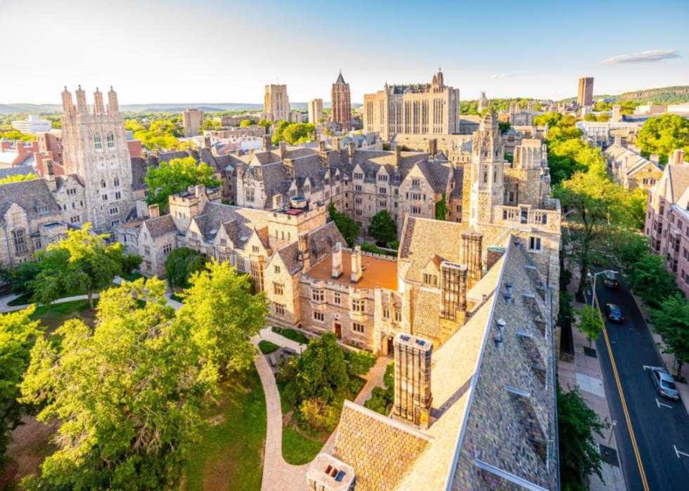 An aerial view of the historic buildings of Yale University.