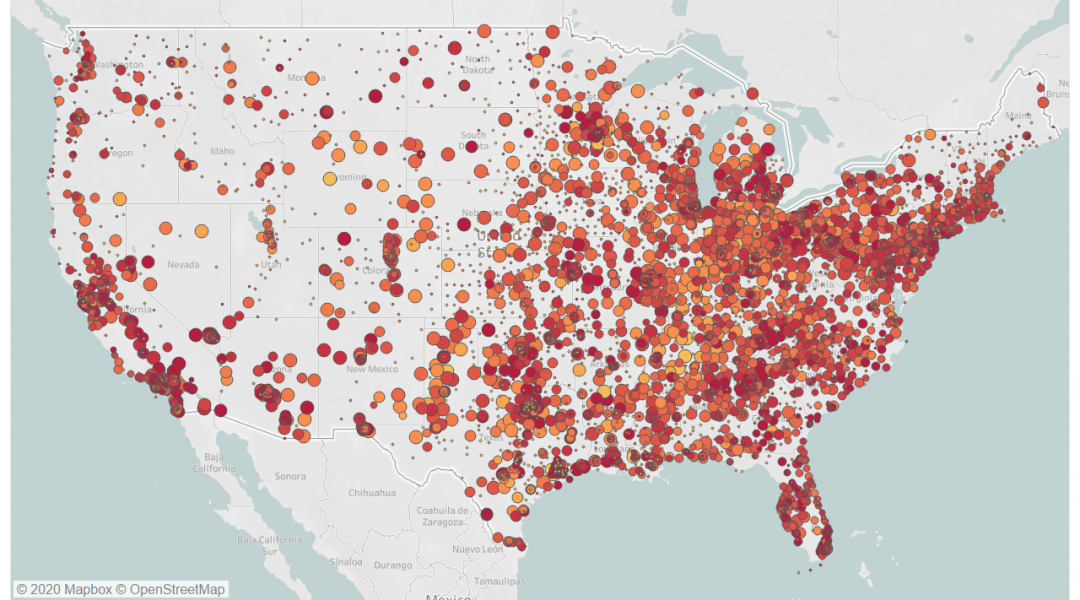 Map of the U.S. showing hospitals which are currently treating COVID-19 patients.