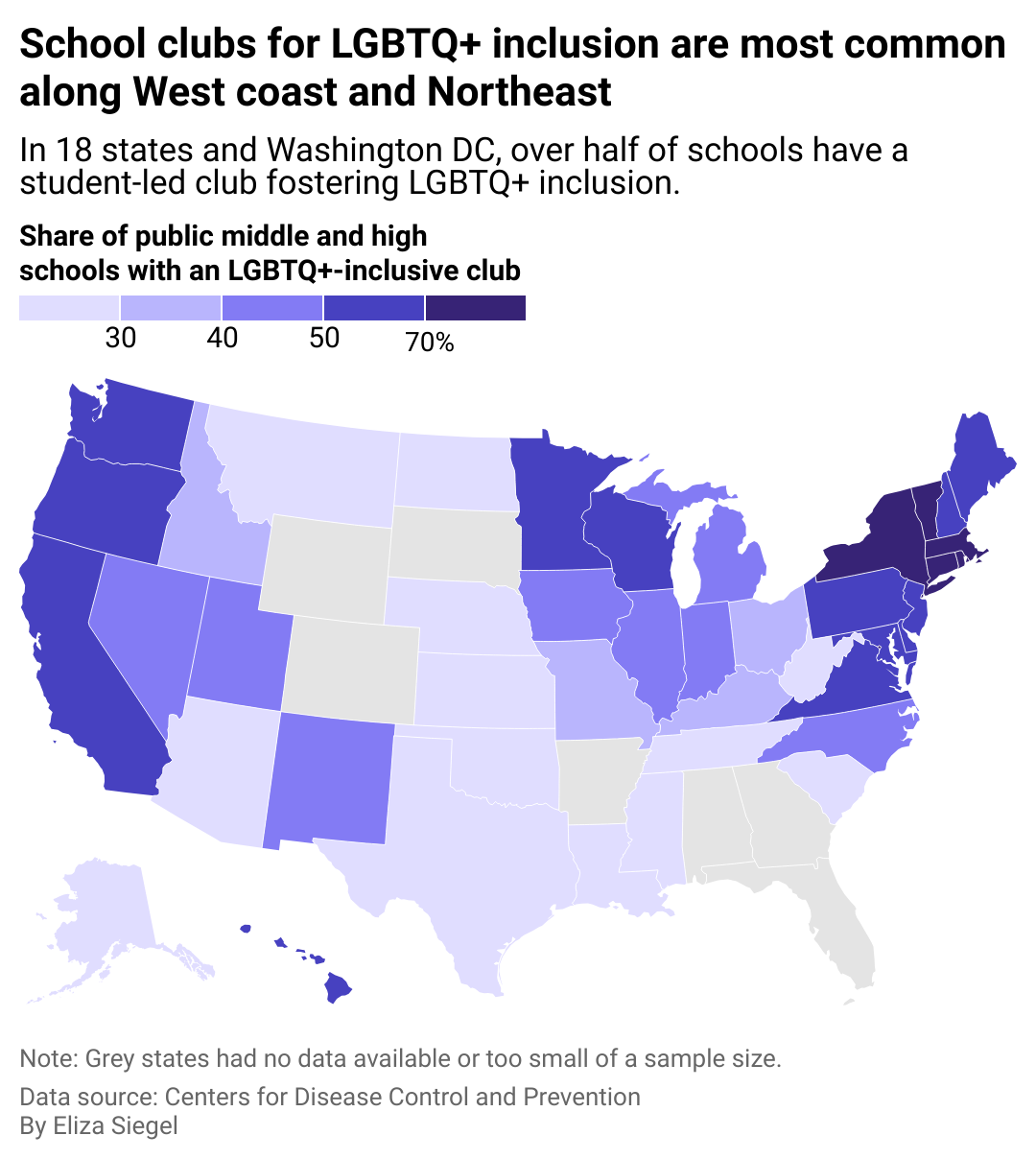 Public middle and high school student-led clubs for LGBTQ+ inclusion are most common along the West Coast and in the Northeast and least common in the South and in the Northern mountain states.