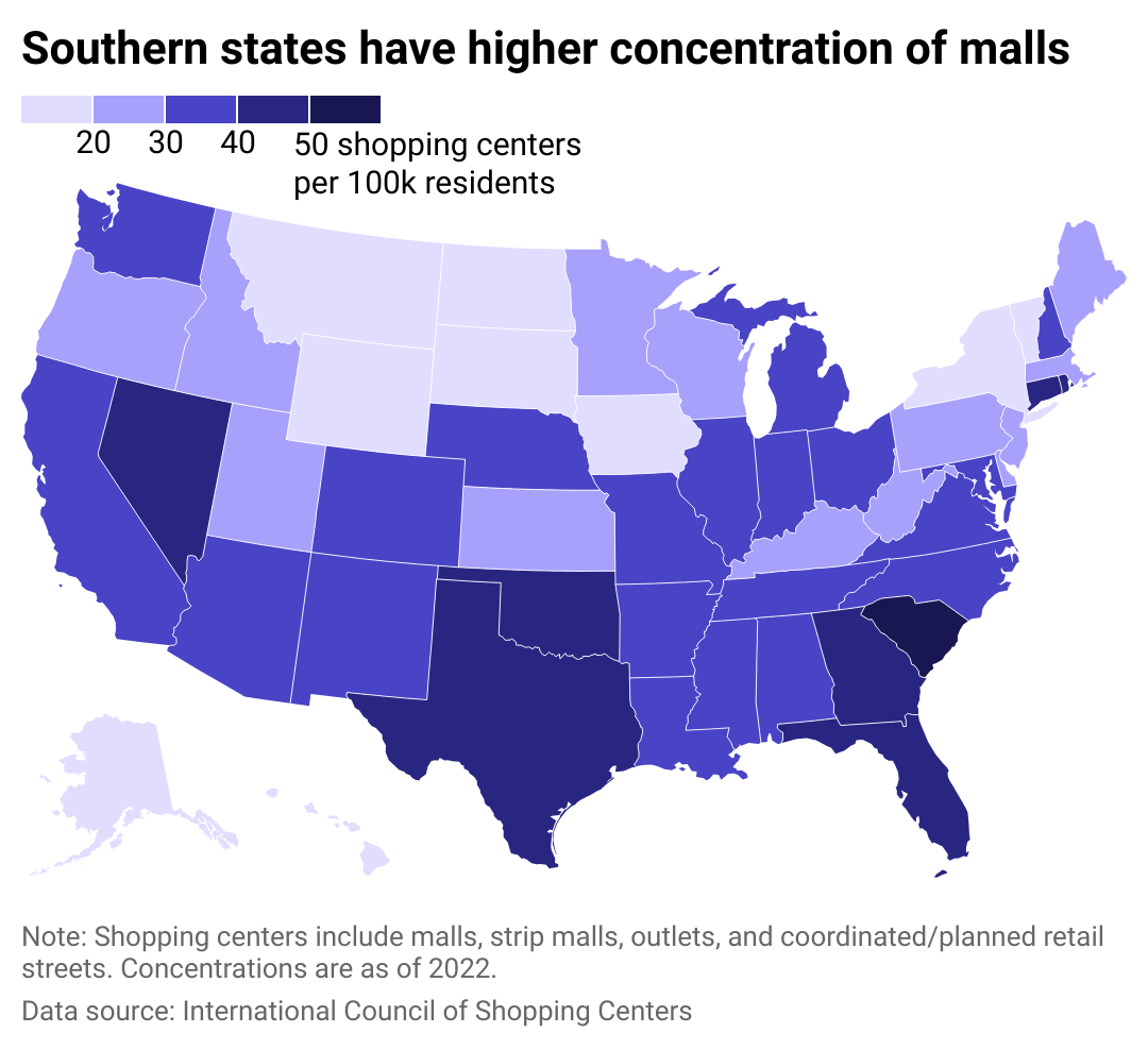 Heat map illustrating how southern states have higher concentrations of malls across the U.S.
