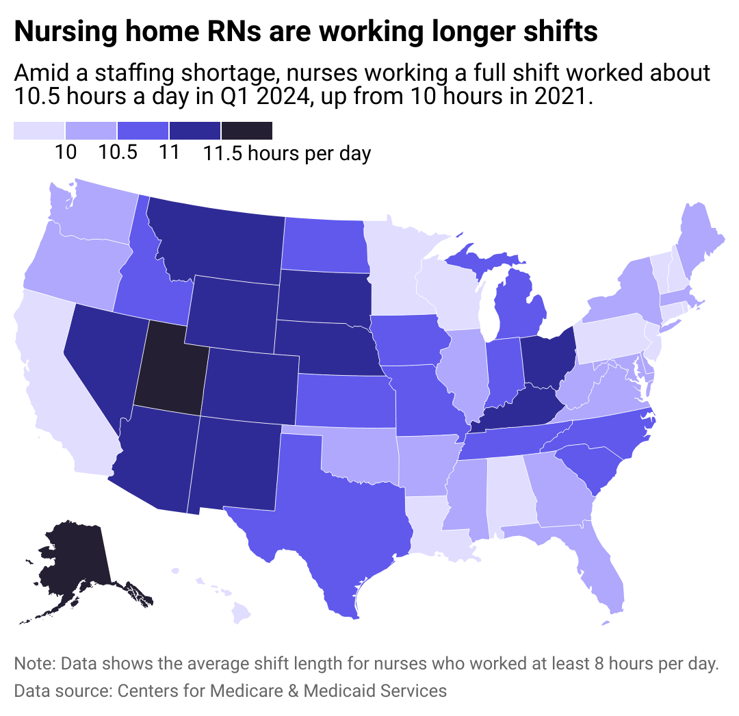 A map showing the average number of hours registered nurses worked in nursing homes in 2024.