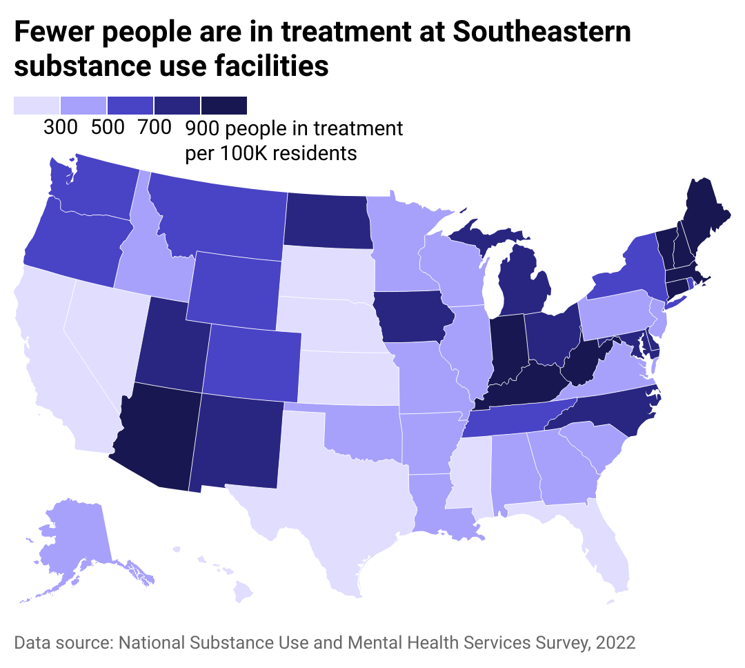 A heat map of U.S. states showing the concentration of patients in treatment at substance use facilities per capita.