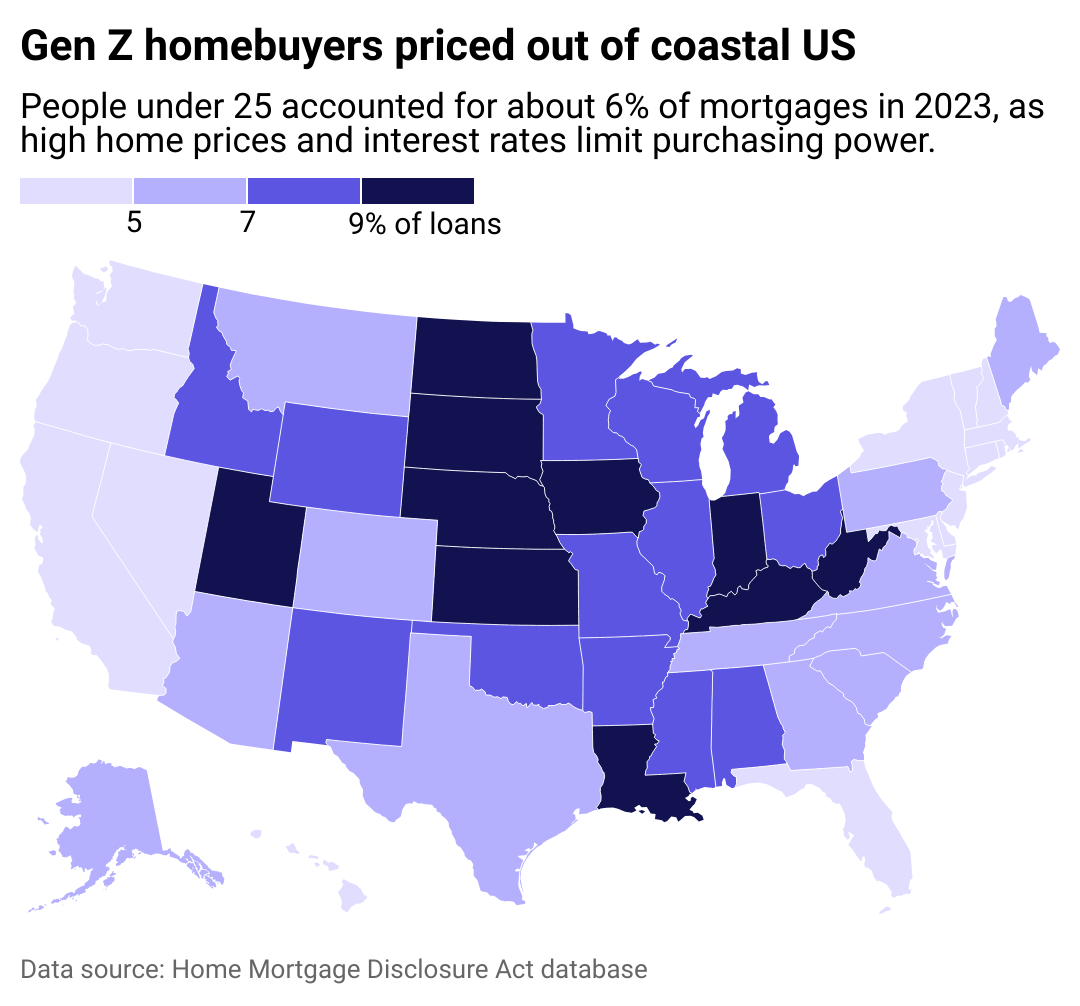 Heat map showing how people under 25 accounted for nearly 6% of mortgages in 2023