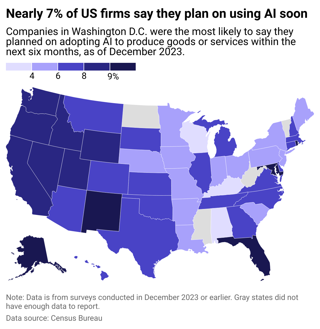 A map showing which states have the highest share of companies which plan to use AI to produce goods and services in the next 6 months.