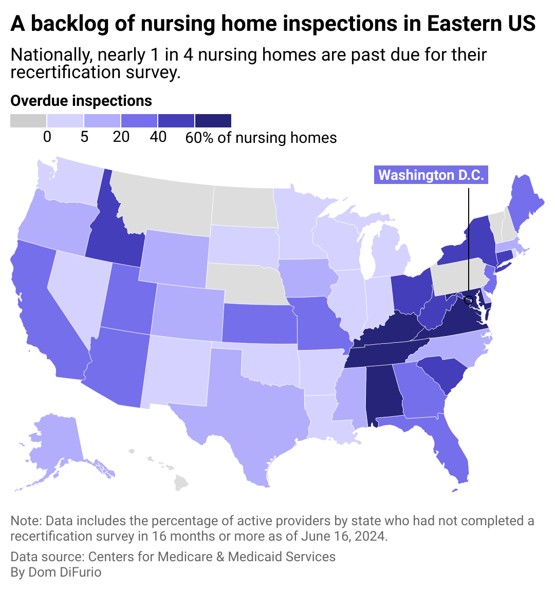 A map of the US with states showing as darker colors if the percentage of nursing homes in the state that haven