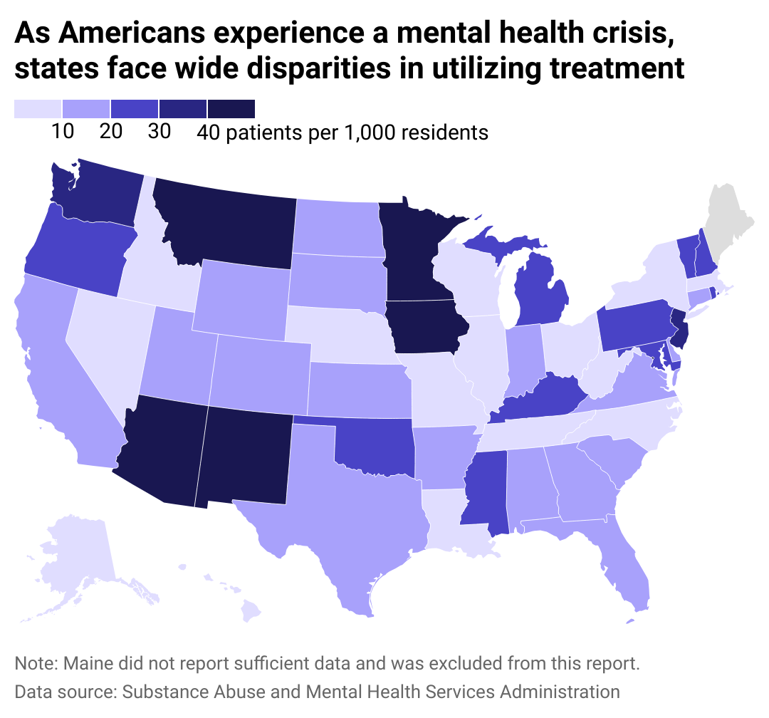 A map of the U.S. showing wide disparities between states in terms of how many residents per capita have access to mental health treatment. Arizona, Iowa, Minnesota, Montana, and New Mexico are among the states with the highest number of patients treated for mental health per 1,000 residents.